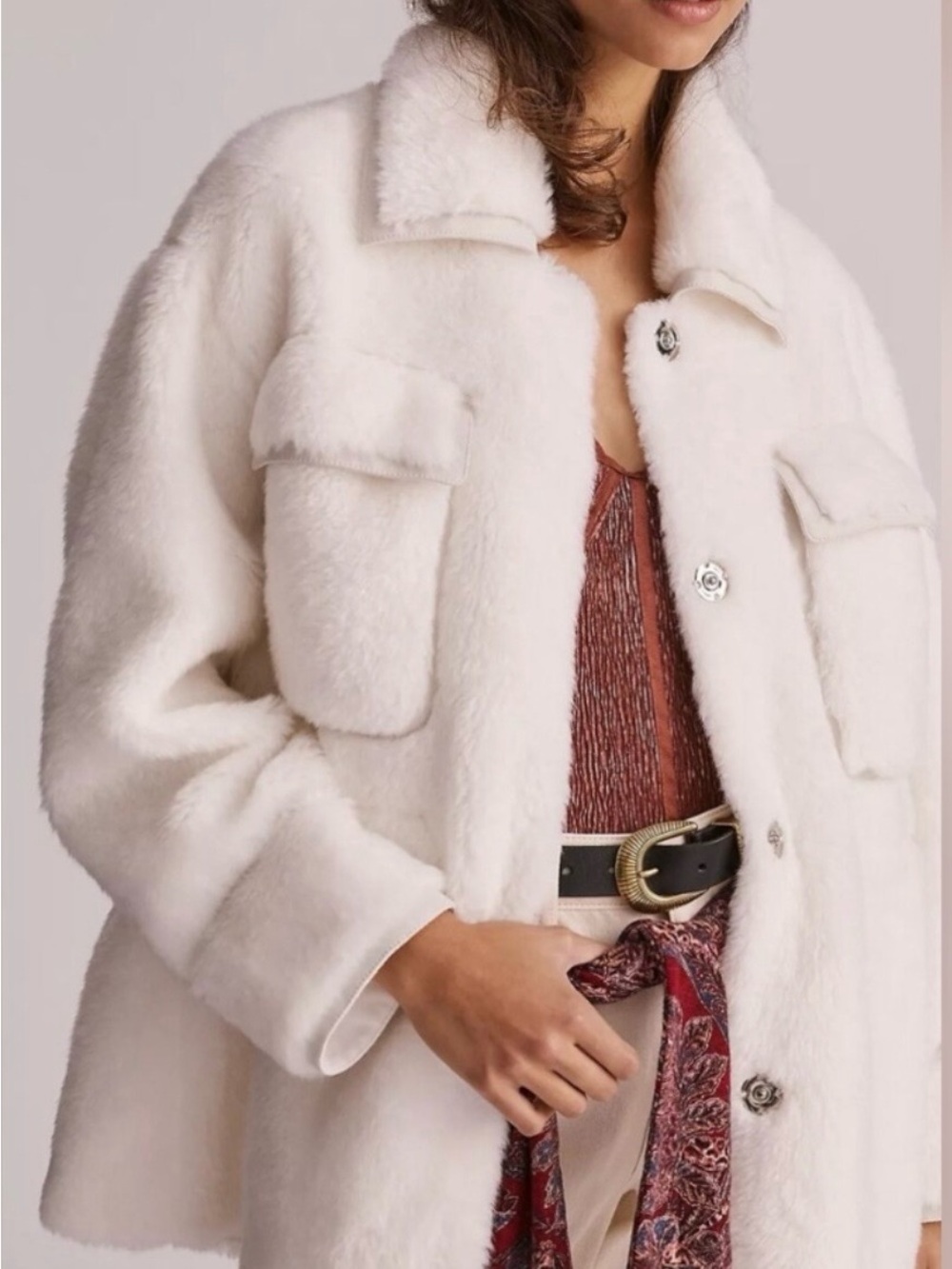 Anthropologie Maeve Cinched Faux Fur Coat Ivory Cream Size M Cozy Après Ski